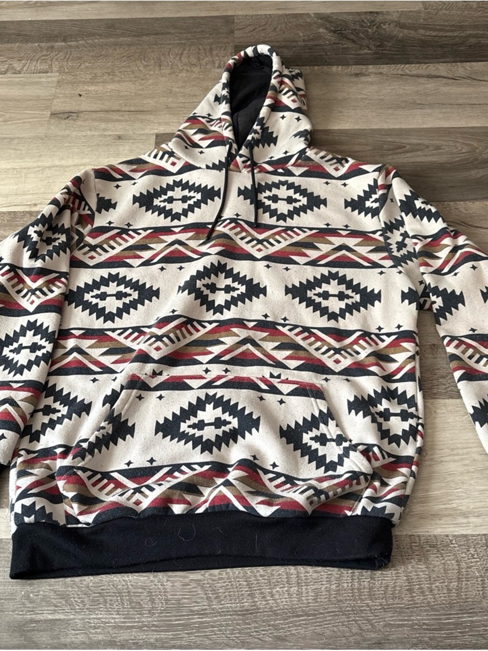 Original Deluxe Aztec Hooded Pullover in Cream, Black & Red